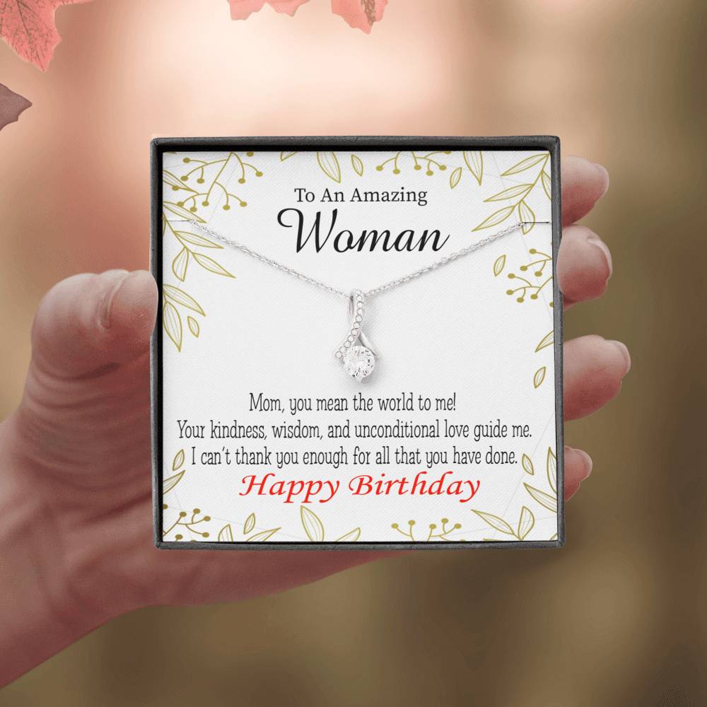 Mom Gift You Mean The World To Me Eternity Ribbon Stone Pendant 14K White Gold Stainless Steel 18-22" Mom Birthday Messages-Express Your Love Gifts