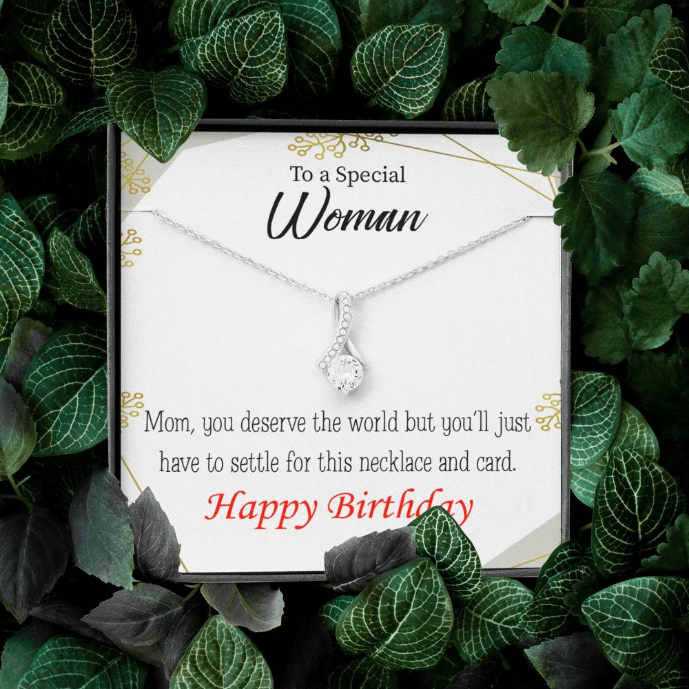Mom Gift You Deserve The World Eternity Ribbon Stone Pendant 14K White Gold Stainless Steel 18-22" Mom Birthday Messages-Express Your Love Gifts