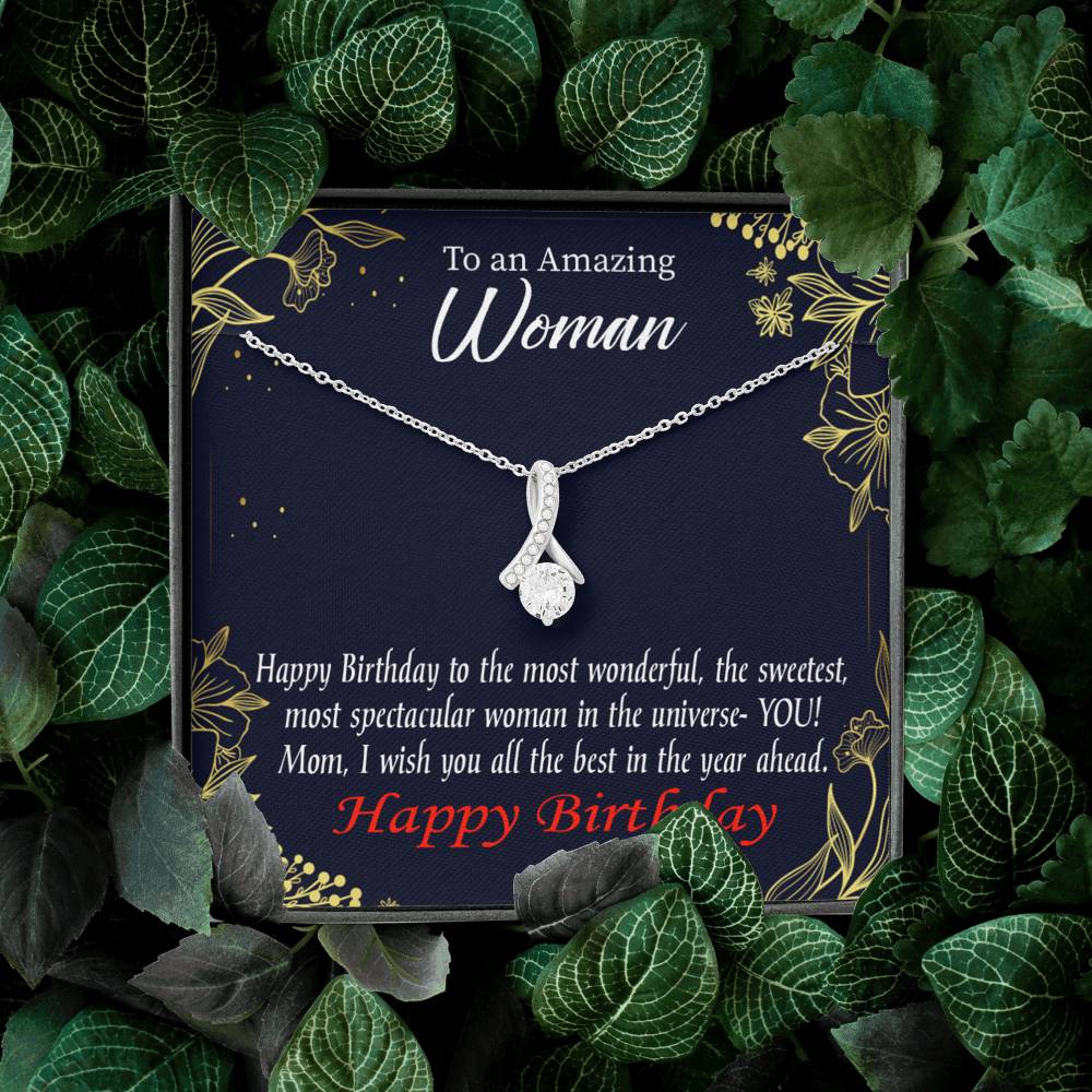 Mom Gift Spectacular Woman Eternity Ribbon Stone Pendant 14K White Gold Stainless Steel 18-22" Mom Birthday Messages-Express Your Love Gifts