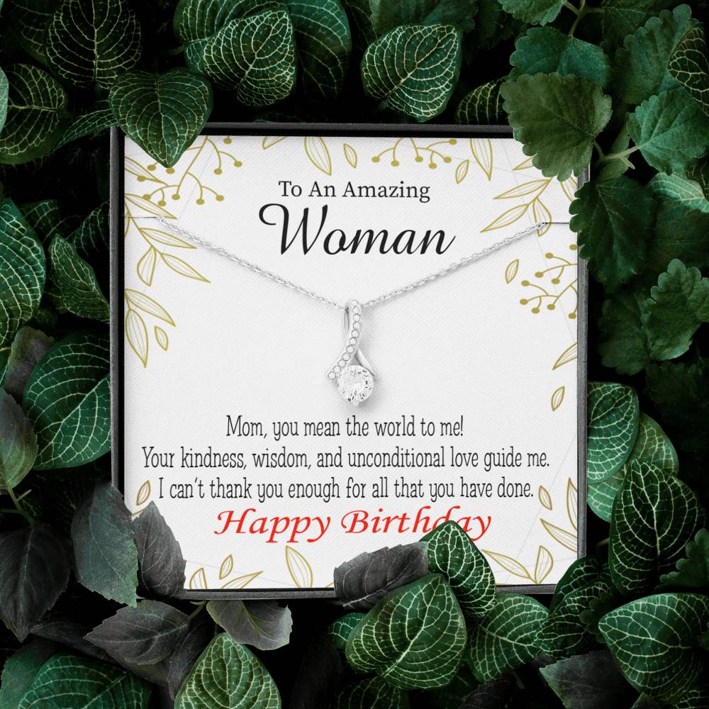 Mom Gift You Mean The World To Me Eternity Ribbon Stone Pendant 14K White Gold Stainless Steel 18-22" Mom Birthday Messages-Express Your Love Gifts