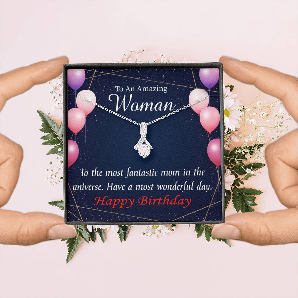 Mom Gift Most Fantastic Mom Eternity Ribbon Stone Pendant 14K White Gold Stainless Steel 18-22" Mom Birthday Messages-Express Your Love Gifts