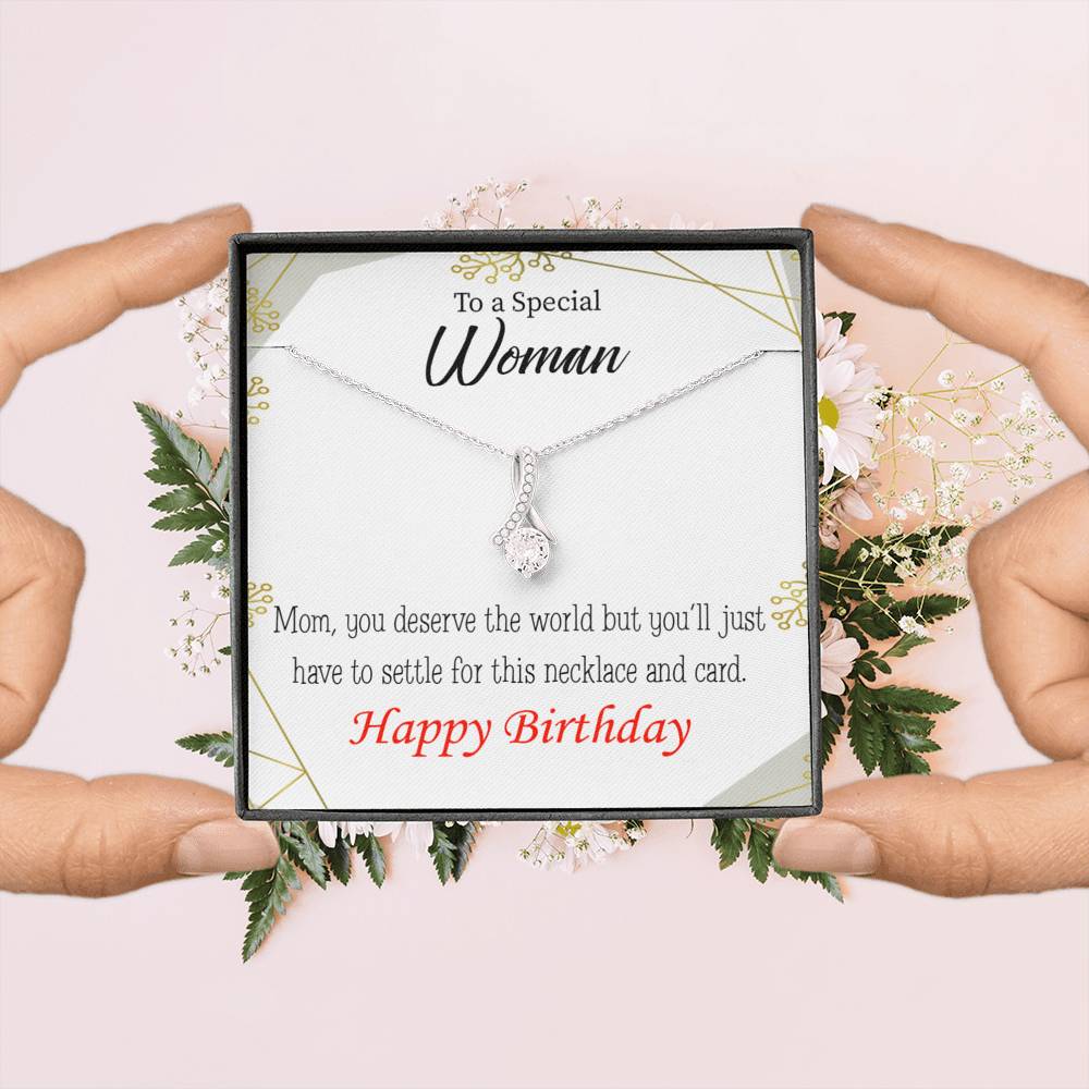 Mom Gift You Deserve The World Eternity Ribbon Stone Pendant 14K White Gold Stainless Steel 18-22" Mom Birthday Messages-Express Your Love Gifts