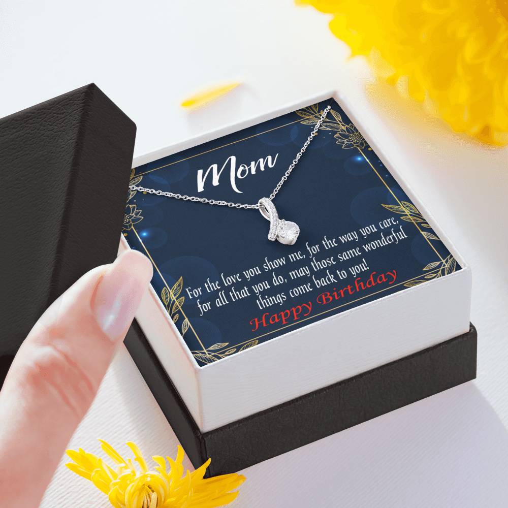 Happy Birthday Mom You'Re Wonderful Message Card Eternity Ribbon Stone Necklace-Express Your Love Gifts
