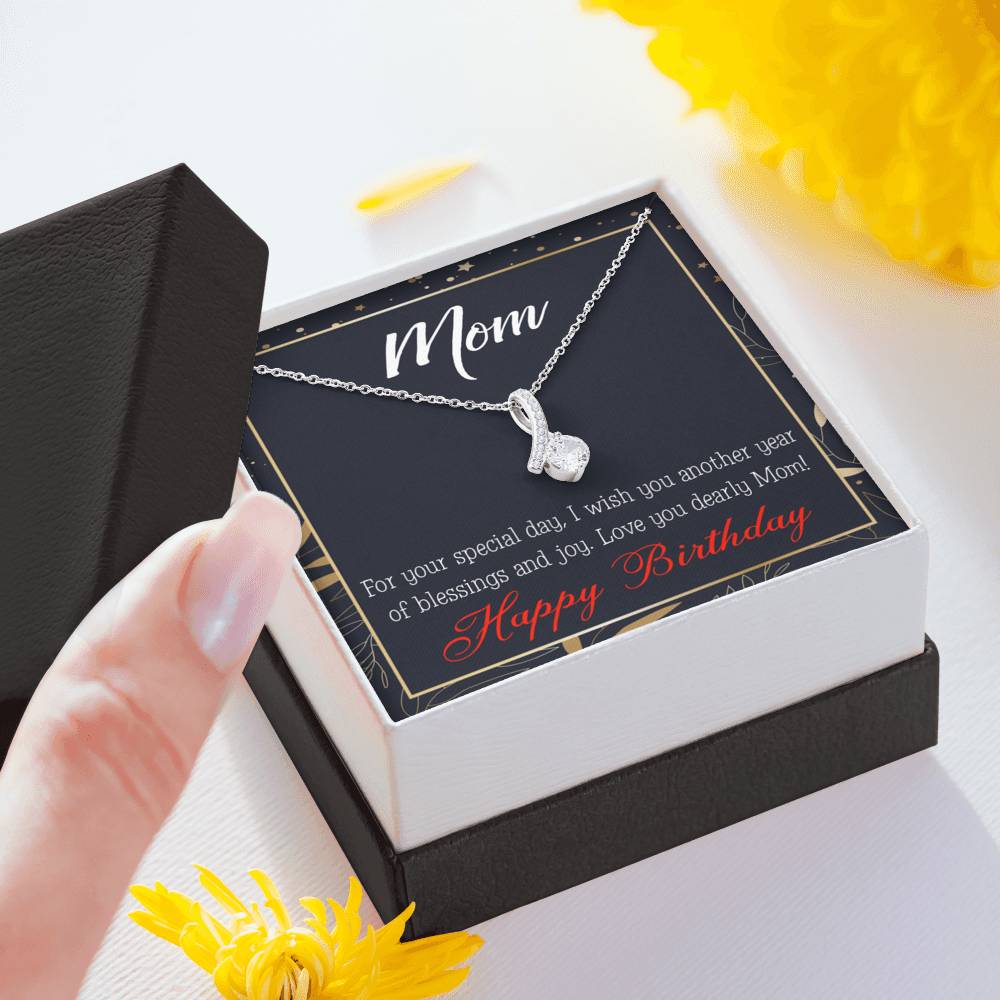 Happy Birthday Mom Blessings And Joy Eternity Ribbon Stone Necklace W Message Card-Express Your Love Gifts