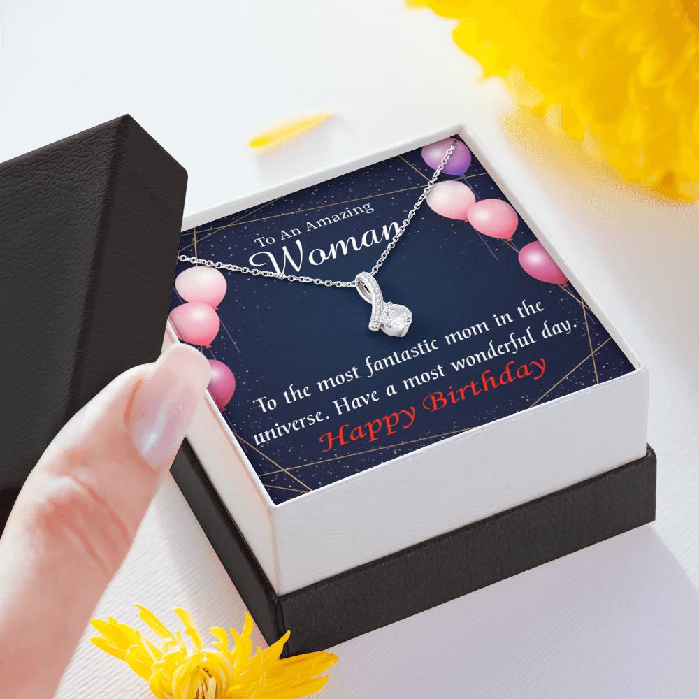 Mom Gift Most Fantastic Mom Eternity Ribbon Stone Pendant 14K White Gold Stainless Steel 18-22" Mom Birthday Messages-Express Your Love Gifts