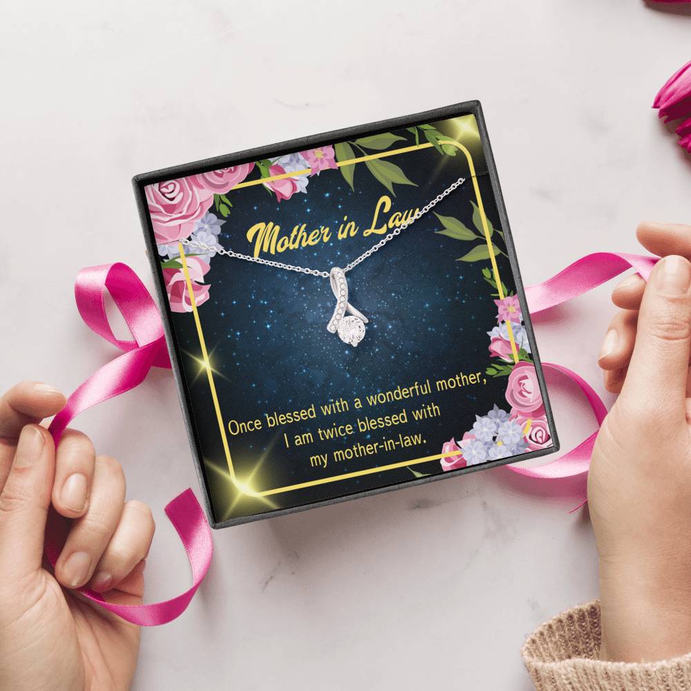 Mother-In-Law Necklace Twice Blessed Eternity Ribbon Stone Pendant Keepsake Message Card-Express Your Love Gifts