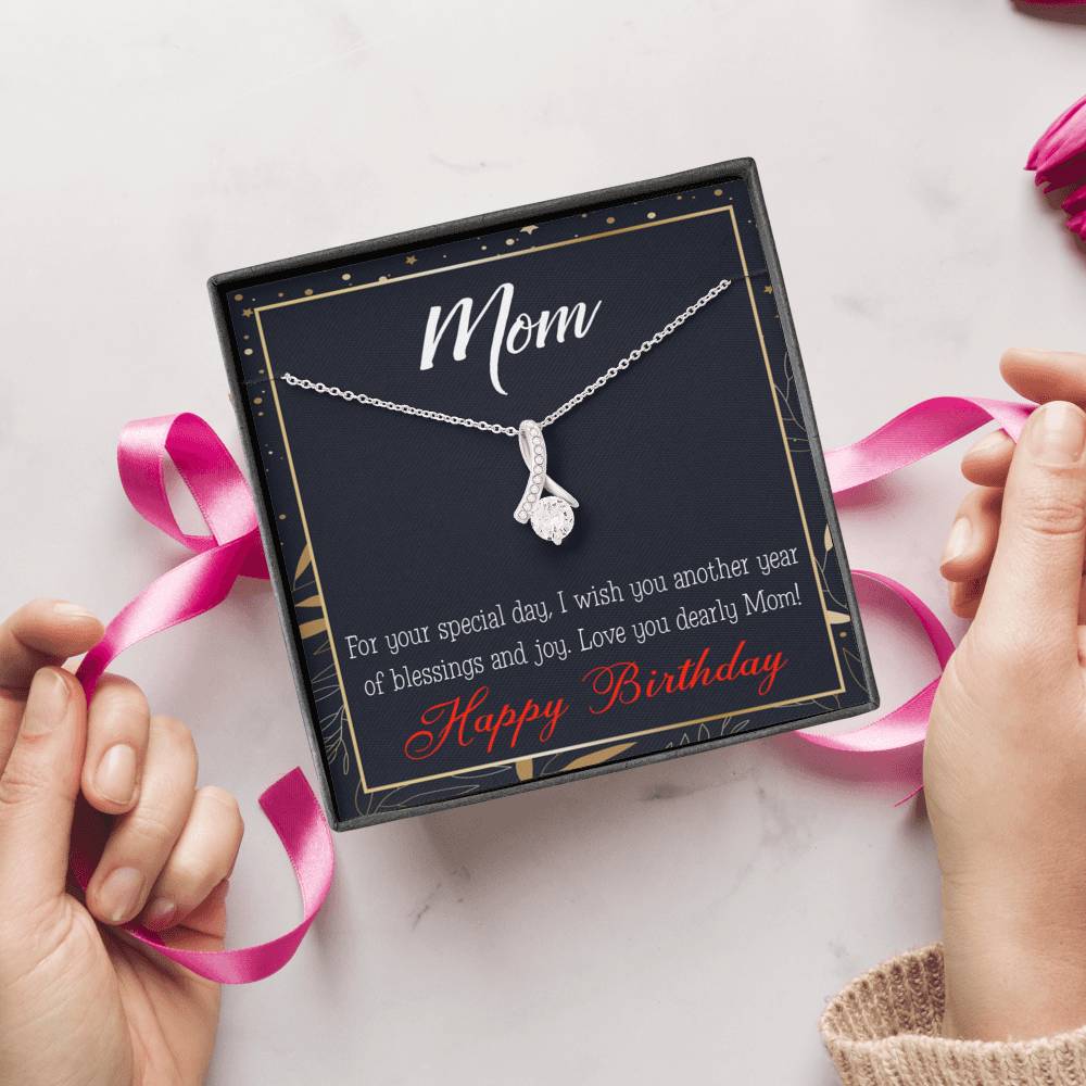 Happy Birthday Mom Blessings And Joy Eternity Ribbon Stone Necklace W Message Card-Express Your Love Gifts