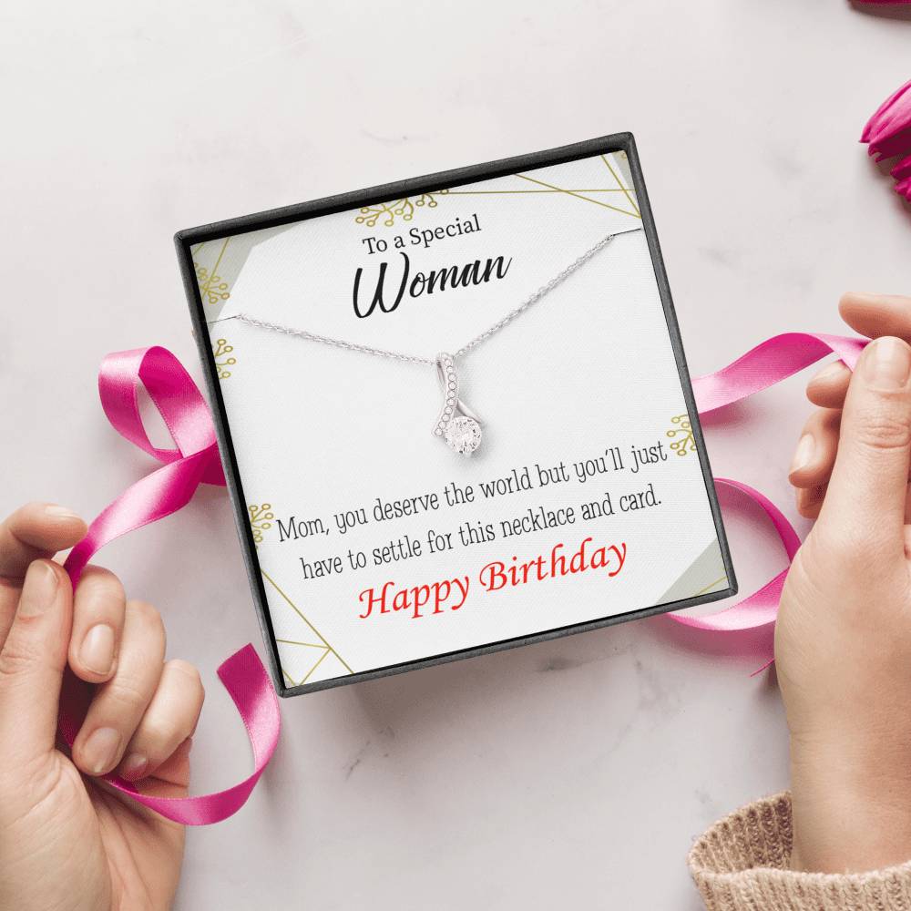 Mom Gift You Deserve The World Eternity Ribbon Stone Pendant 14K White Gold Stainless Steel 18-22" Mom Birthday Messages-Express Your Love Gifts