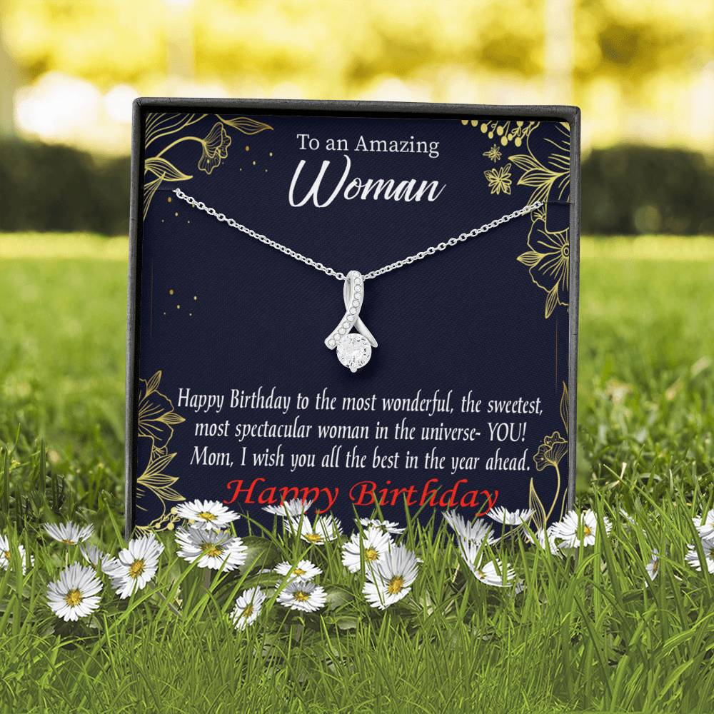 Mom Gift Spectacular Woman Eternity Ribbon Stone Pendant 14K White Gold Stainless Steel 18-22" Mom Birthday Messages-Express Your Love Gifts