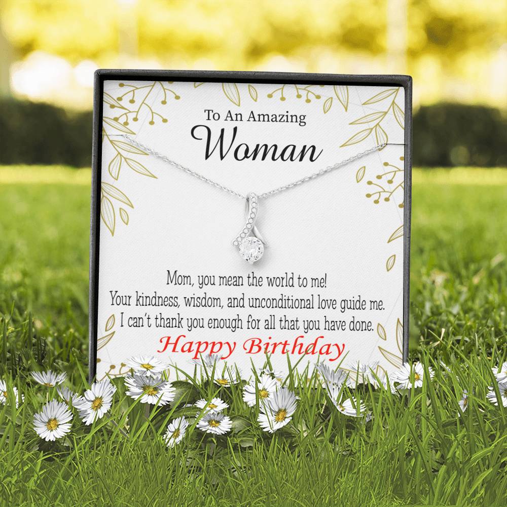 Mom Gift You Mean The World To Me Eternity Ribbon Stone Pendant 14K White Gold Stainless Steel 18-22" Mom Birthday Messages-Express Your Love Gifts