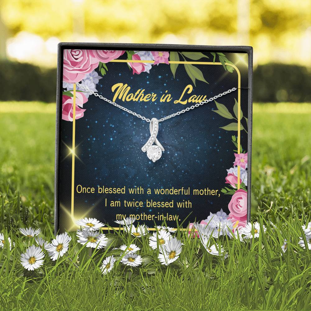 Mother-In-Law Necklace Twice Blessed Eternity Ribbon Stone Pendant Keepsake Message Card-Express Your Love Gifts