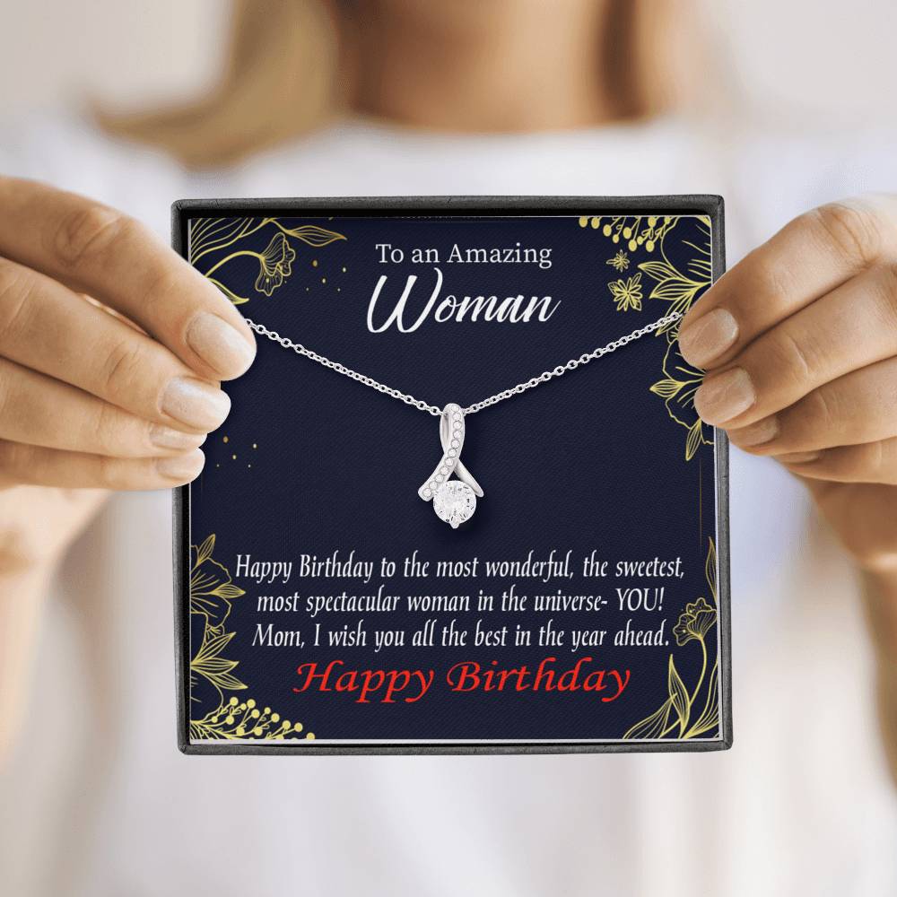 Mom Gift Spectacular Woman Eternity Ribbon Stone Pendant 14K White Gold Stainless Steel 18-22" Mom Birthday Messages-Express Your Love Gifts