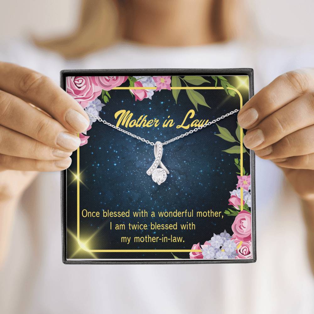Mother-In-Law Necklace Twice Blessed Eternity Ribbon Stone Pendant Keepsake Message Card-Express Your Love Gifts