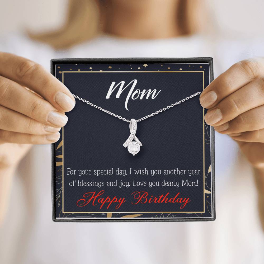 Happy Birthday Mom Blessings And Joy Eternity Ribbon Stone Necklace W Message Card-Express Your Love Gifts