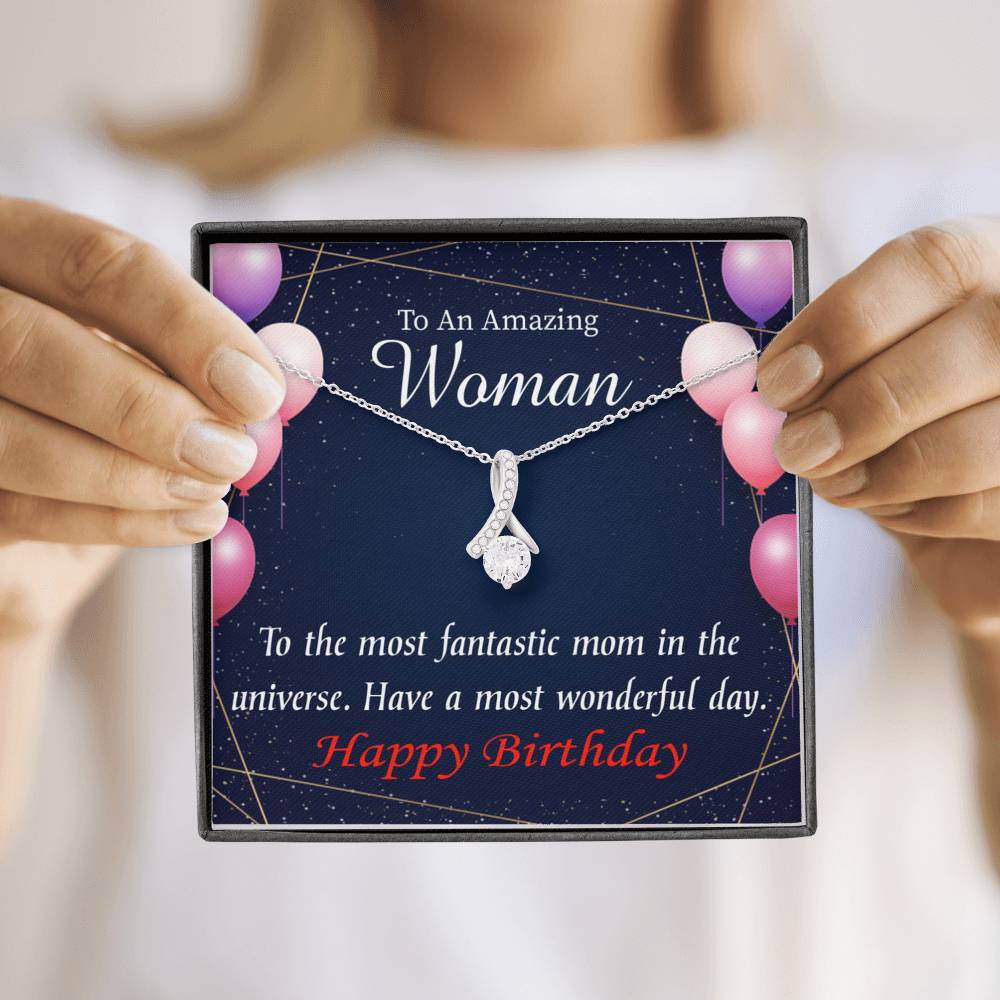 Mom Gift Most Fantastic Mom Eternity Ribbon Stone Pendant 14K White Gold Stainless Steel 18-22" Mom Birthday Messages-Express Your Love Gifts