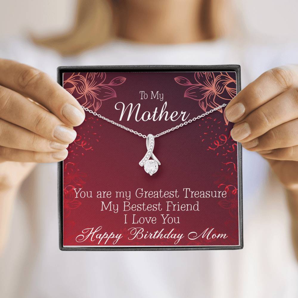 Mom My Greatest Treasure Eternity Ribbon Stone Necklace Message Birthday Card-Express Your Love Gifts