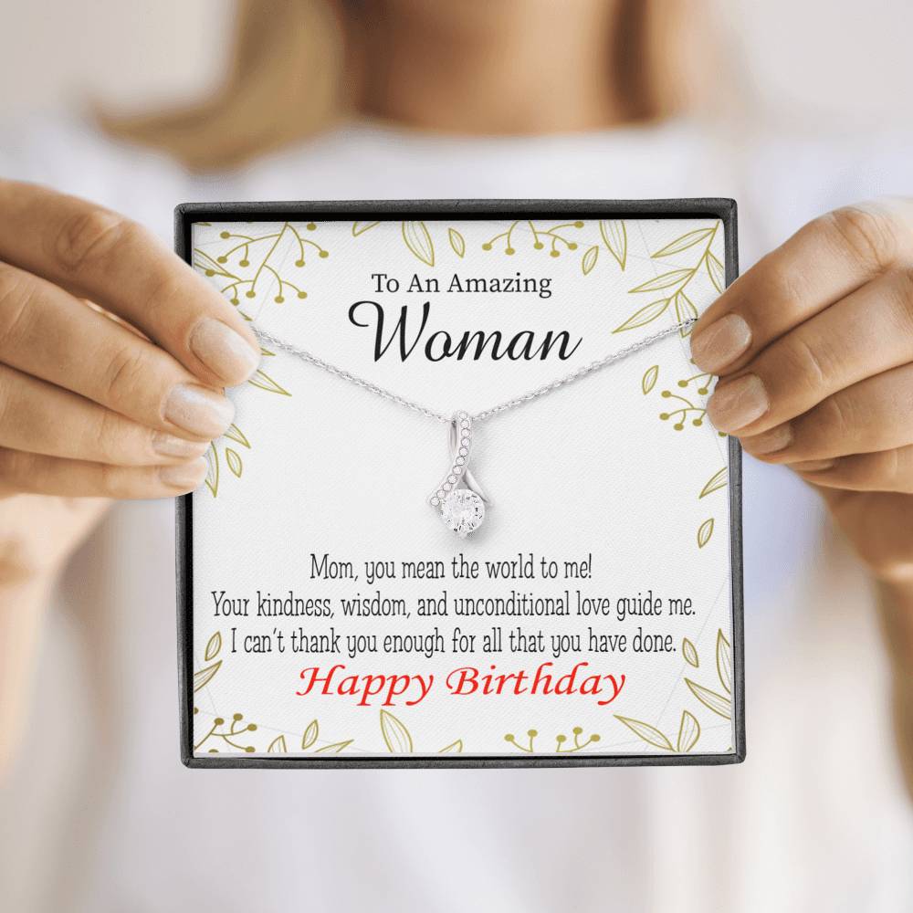 Mom Gift You Mean The World To Me Eternity Ribbon Stone Pendant 14K White Gold Stainless Steel 18-22" Mom Birthday Messages-Express Your Love Gifts
