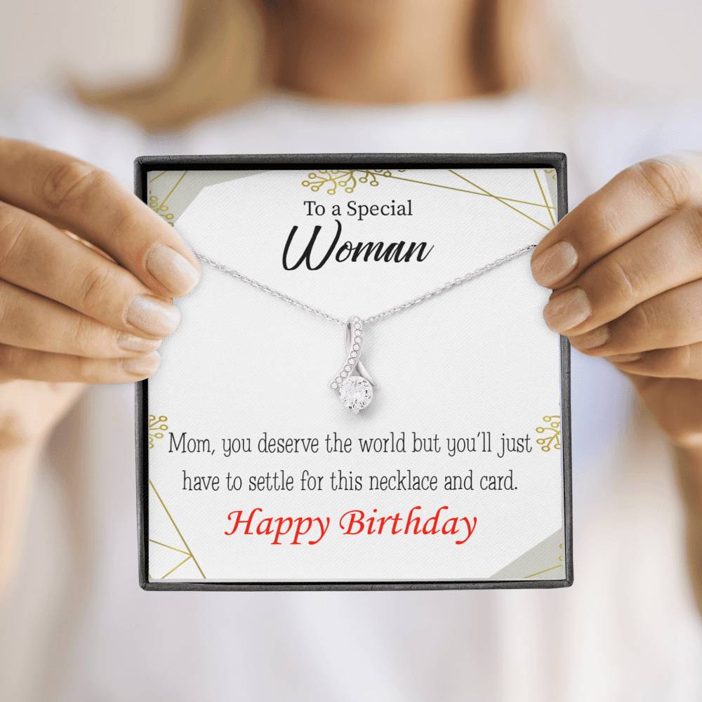 Mom Gift You Deserve The World Eternity Ribbon Stone Pendant 14K White Gold Stainless Steel 18-22" Mom Birthday Messages-Express Your Love Gifts