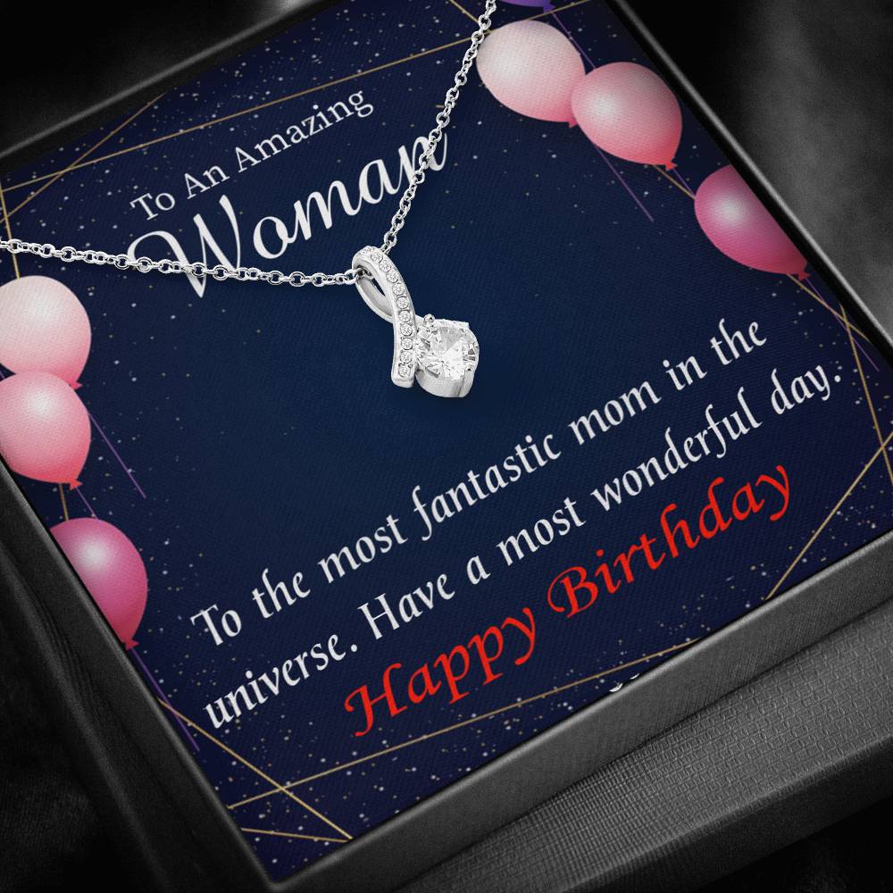Mom Gift Most Fantastic Mom Eternity Ribbon Stone Pendant 14K White Gold Stainless Steel 18-22" Mom Birthday Messages-Express Your Love Gifts