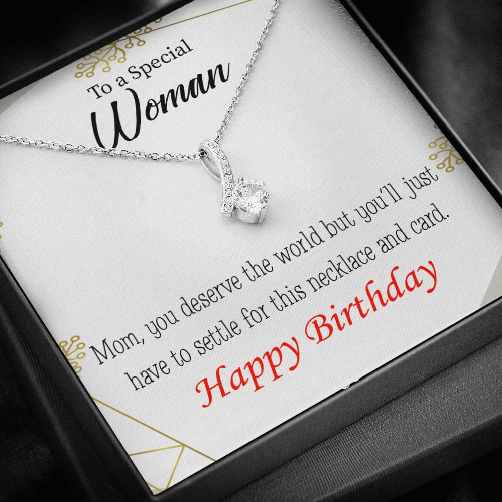 Mom Gift You Deserve The World Eternity Ribbon Stone Pendant 14K White Gold Stainless Steel 18-22" Mom Birthday Messages-Express Your Love Gifts