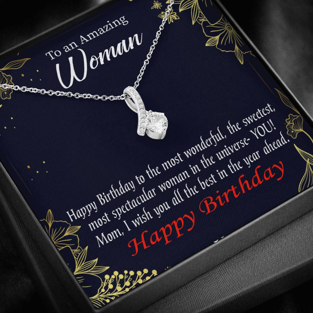 Mom Gift Spectacular Woman Eternity Ribbon Stone Pendant 14K White Gold Stainless Steel 18-22" Mom Birthday Messages-Express Your Love Gifts