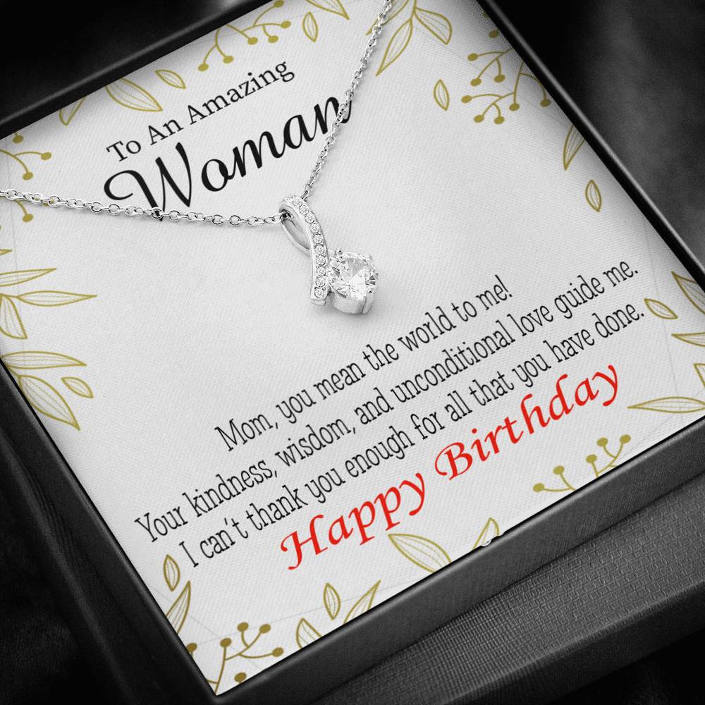 Mom Gift You Mean The World To Me Eternity Ribbon Stone Pendant 14K White Gold Stainless Steel 18-22" Mom Birthday Messages-Express Your Love Gifts