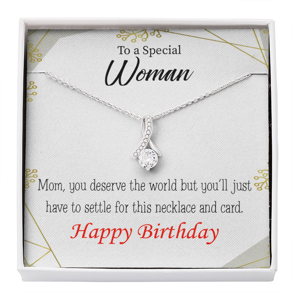 Mom Gift You Deserve The World Eternity Ribbon Stone Pendant 14K White Gold Stainless Steel 18-22" Mom Birthday Messages-Express Your Love Gifts
