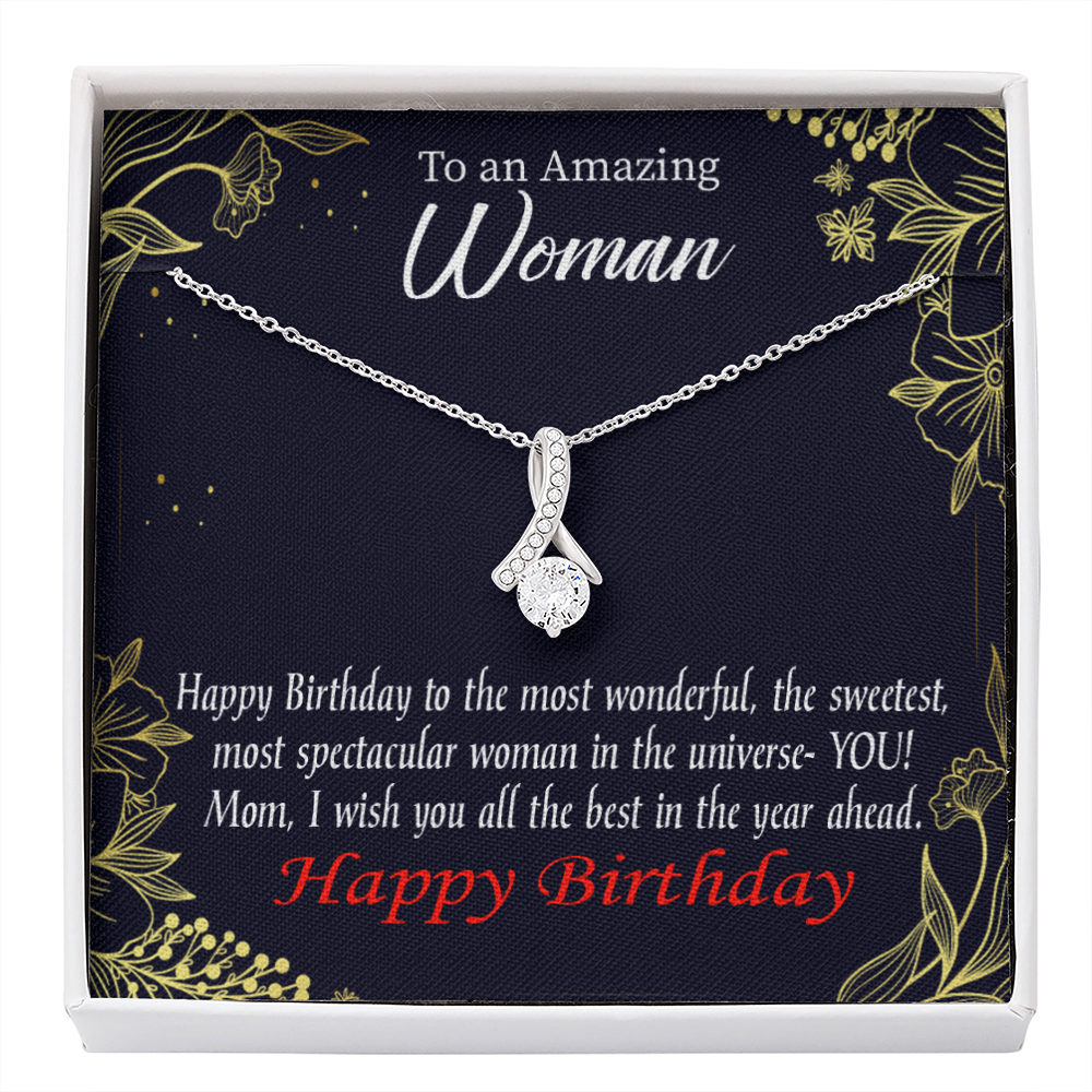 Mom Gift Spectacular Woman Eternity Ribbon Stone Pendant 14K White Gold Stainless Steel 18-22" Mom Birthday Messages-Express Your Love Gifts