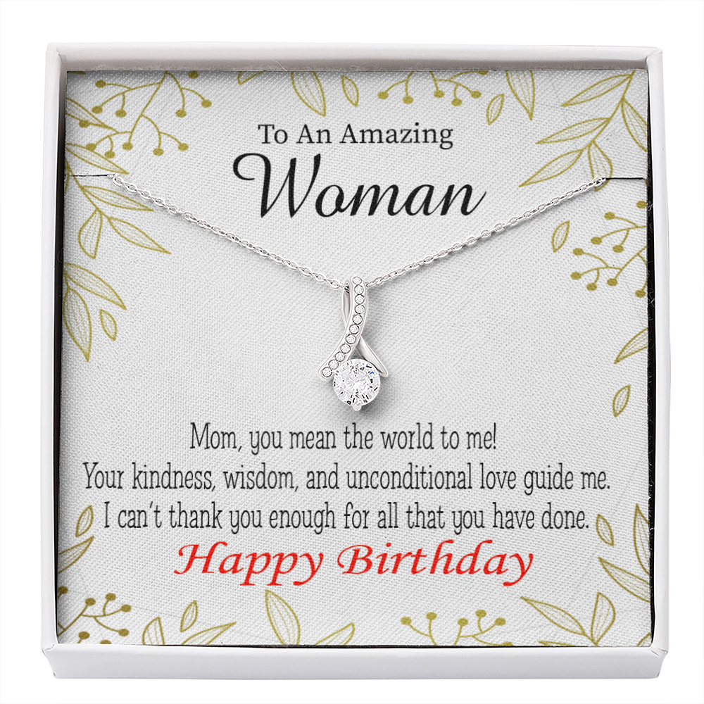 Mom Gift You Mean The World To Me Eternity Ribbon Stone Pendant 14K White Gold Stainless Steel 18-22" Mom Birthday Messages-Express Your Love Gifts