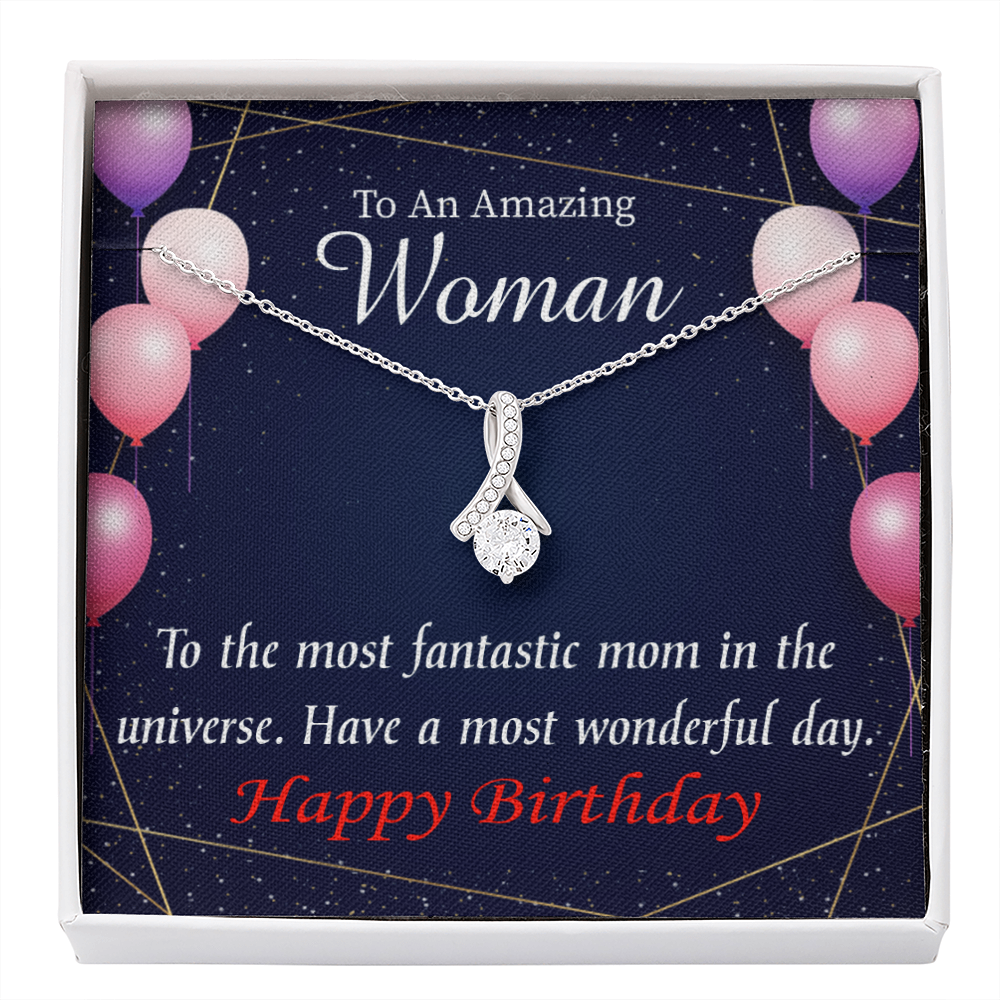 Mom Gift Most Fantastic Mom Eternity Ribbon Stone Pendant 14K White Gold Stainless Steel 18-22" Mom Birthday Messages-Express Your Love Gifts
