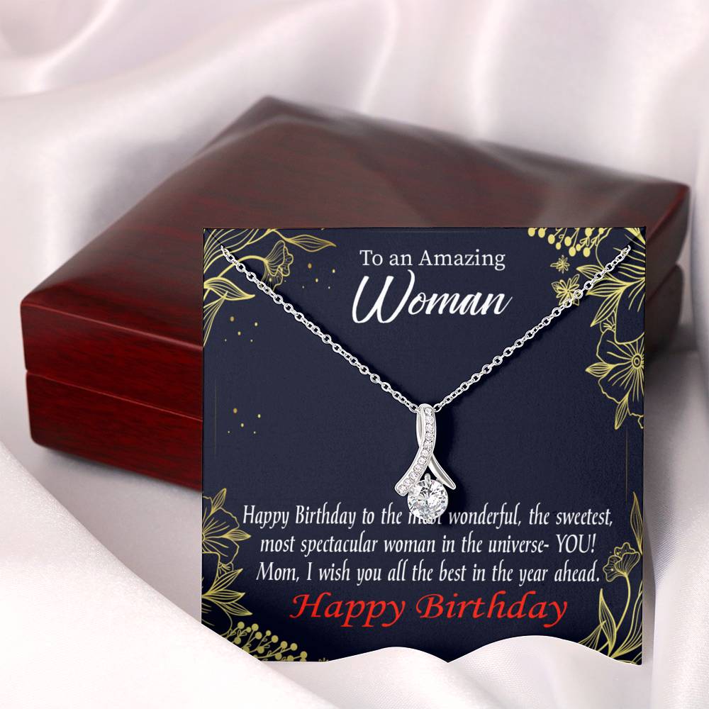 Mom Gift Spectacular Woman Eternity Ribbon Stone Pendant 14K White Gold Stainless Steel 18-22" Mom Birthday Messages-Express Your Love Gifts