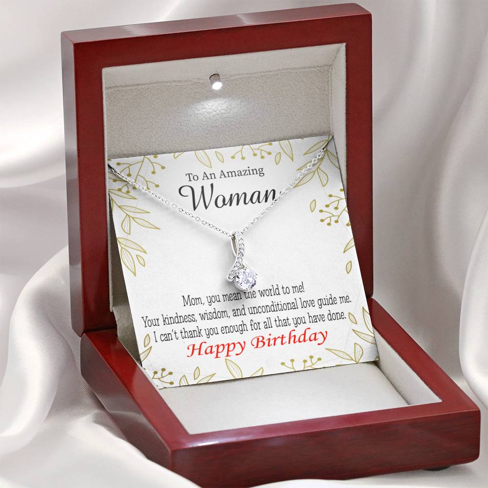 Mom Gift You Mean The World To Me Eternity Ribbon Stone Pendant 14K White Gold Stainless Steel 18-22" Mom Birthday Messages-Express Your Love Gifts