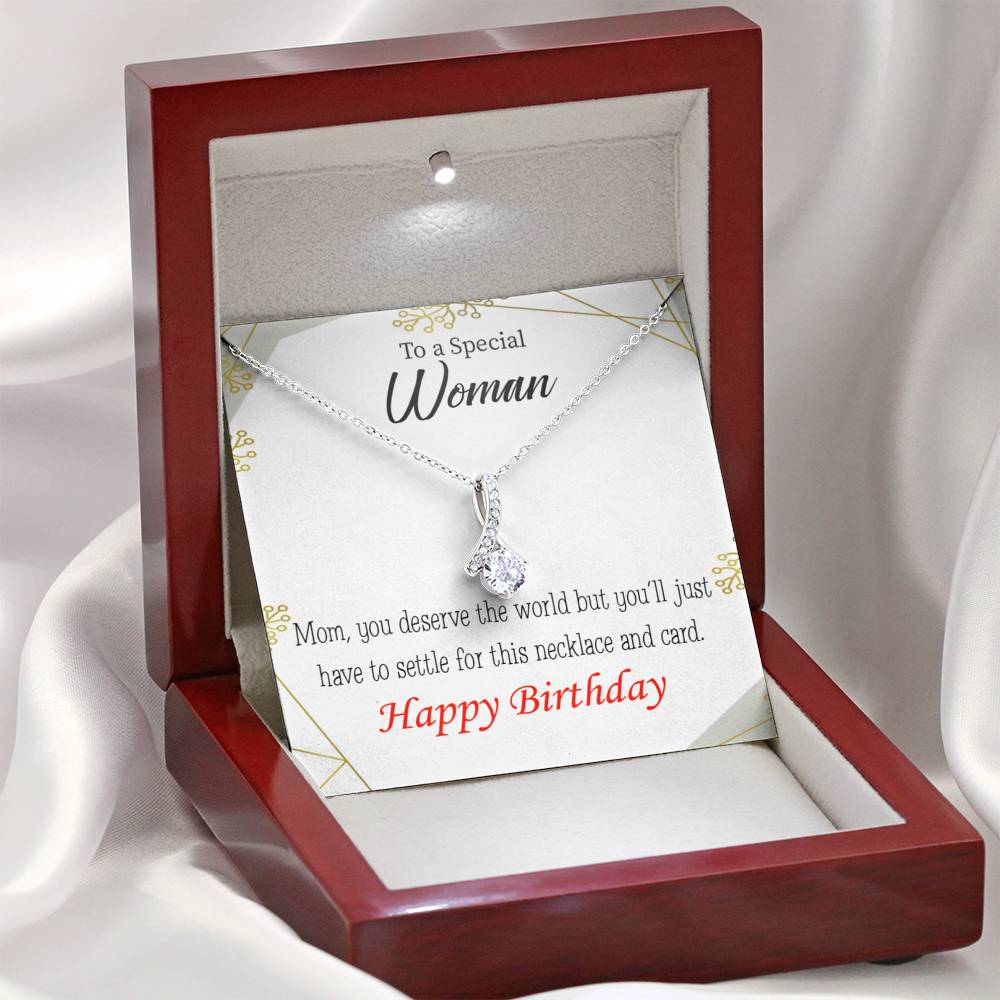 Mom Gift You Deserve The World Eternity Ribbon Stone Pendant 14K White Gold Stainless Steel 18-22" Mom Birthday Messages-Express Your Love Gifts