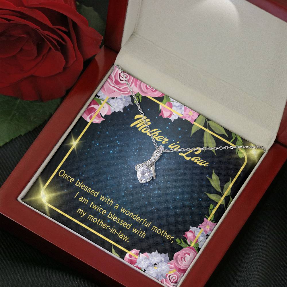 Mother-In-Law Necklace Twice Blessed Eternity Ribbon Stone Pendant Keepsake Message Card-Express Your Love Gifts