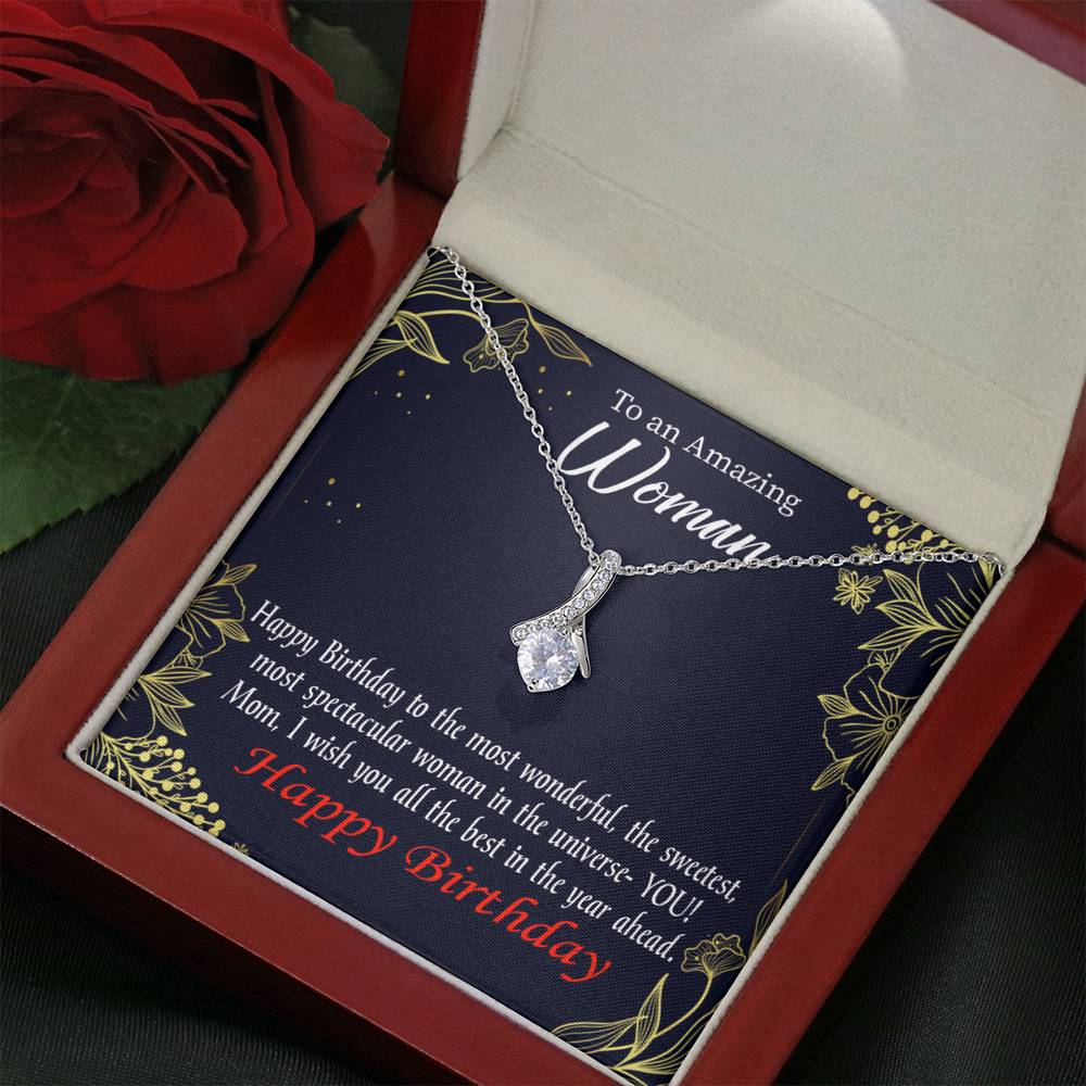 Mom Gift Spectacular Woman Eternity Ribbon Stone Pendant 14K White Gold Stainless Steel 18-22" Mom Birthday Messages-Express Your Love Gifts