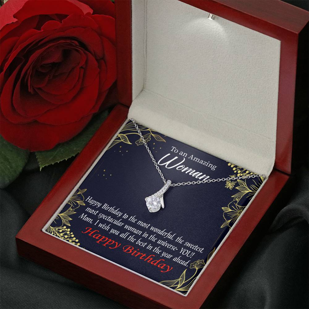 Mom Gift Spectacular Woman Eternity Ribbon Stone Pendant 14K White Gold Stainless Steel 18-22" Mom Birthday Messages-Express Your Love Gifts