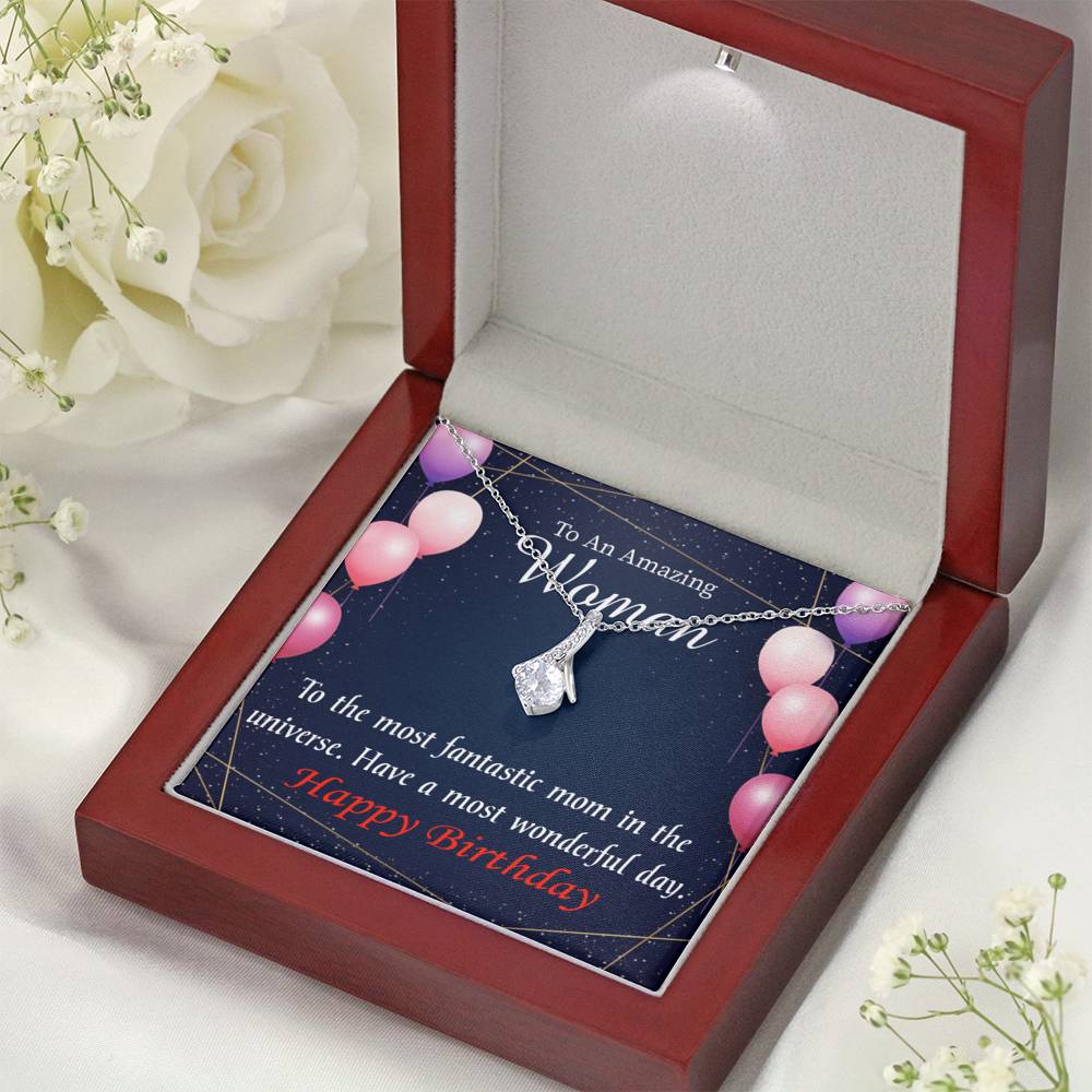Mom Gift Most Fantastic Mom Eternity Ribbon Stone Pendant 14K White Gold Stainless Steel 18-22" Mom Birthday Messages-Express Your Love Gifts