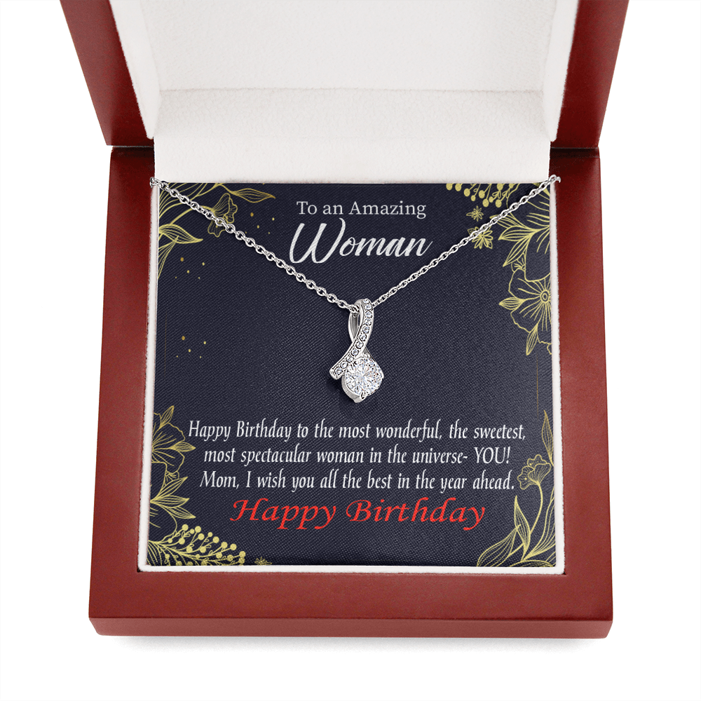 Mom Gift Spectacular Woman Eternity Ribbon Stone Pendant 14K White Gold Stainless Steel 18-22" Mom Birthday Messages-Express Your Love Gifts