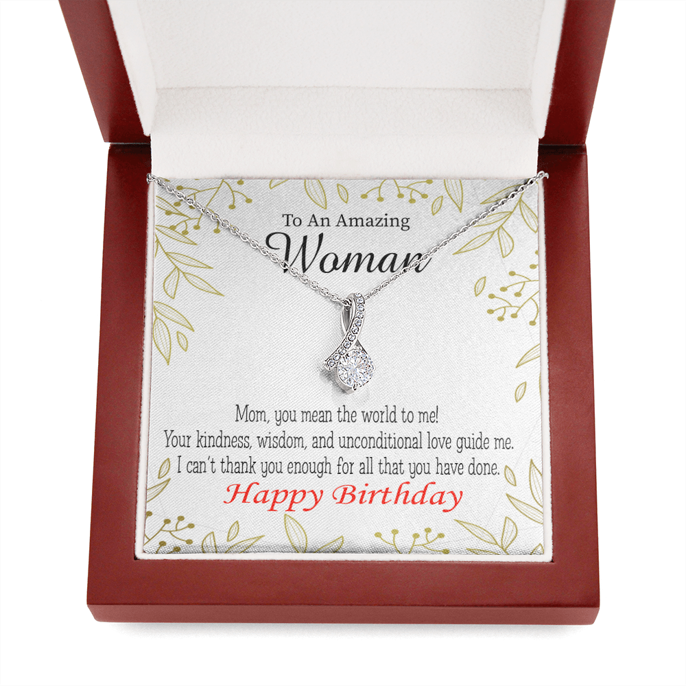 Mom Gift You Mean The World To Me Eternity Ribbon Stone Pendant 14K White Gold Stainless Steel 18-22" Mom Birthday Messages-Express Your Love Gifts