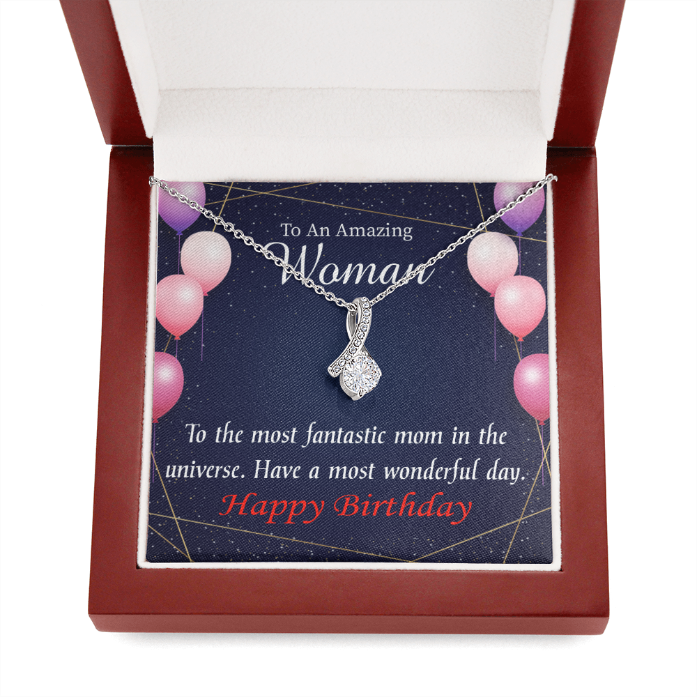 Mom Gift Most Fantastic Mom Eternity Ribbon Stone Pendant 14K White Gold Stainless Steel 18-22" Mom Birthday Messages-Express Your Love Gifts