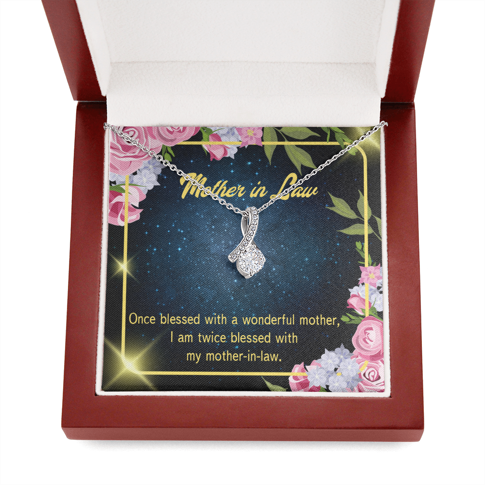 Mother-In-Law Necklace Twice Blessed Eternity Ribbon Stone Pendant Keepsake Message Card-Express Your Love Gifts