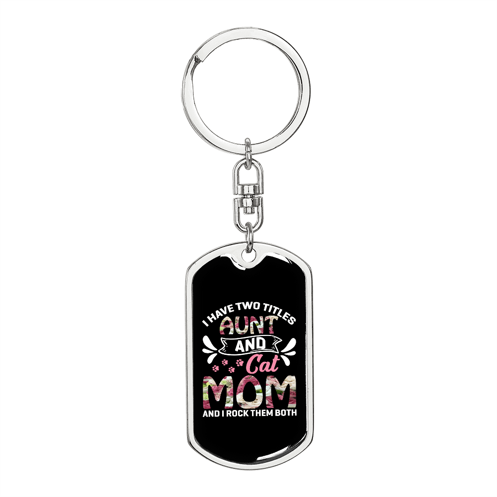 Aunt and Cat Mom Keychain Stainless Steel or 18k Gold Dog Tag Keyring-Express Your Love Gifts