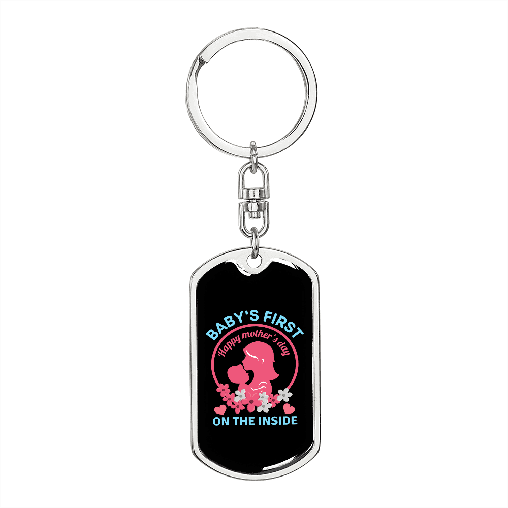Baby Inside Pink Mom Keychain Stainless Steel or 18k Gold Dog Tag Keyring-Express Your Love Gifts
