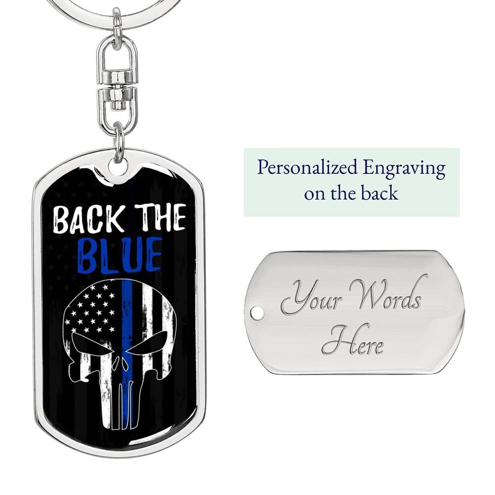 Back The Blue Skull Dog Tag Pendant Keychain Stainless Steel or 18k Gold-Express Your Love Gifts