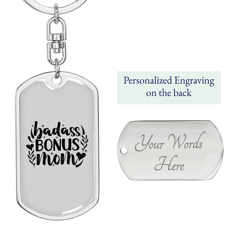 Badass Bonus Mom Keychain Stainless Steel or 18k Gold Dog Tag Keyring-Express Your Love Gifts
