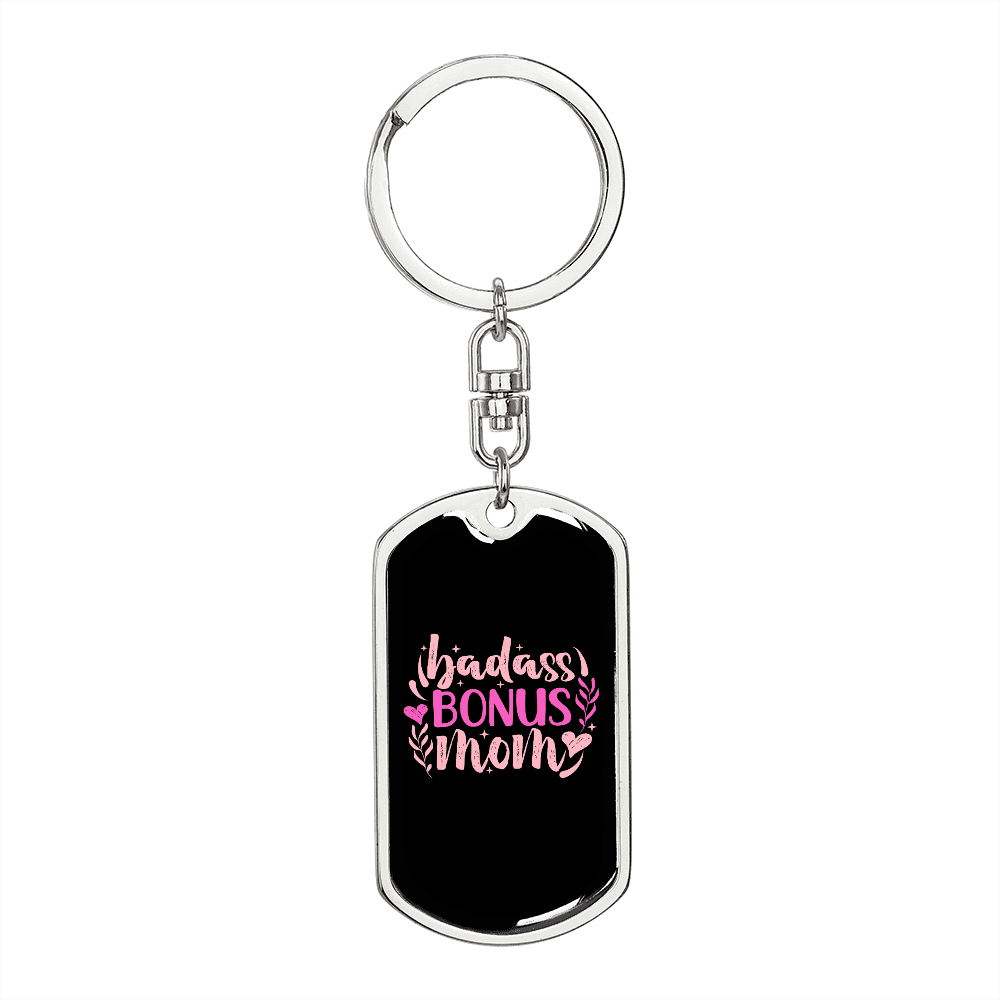 Badass Bonus Mom Pink Keychain Stainless Steel or 18k Gold Dog Tag Keyring-Express Your Love Gifts