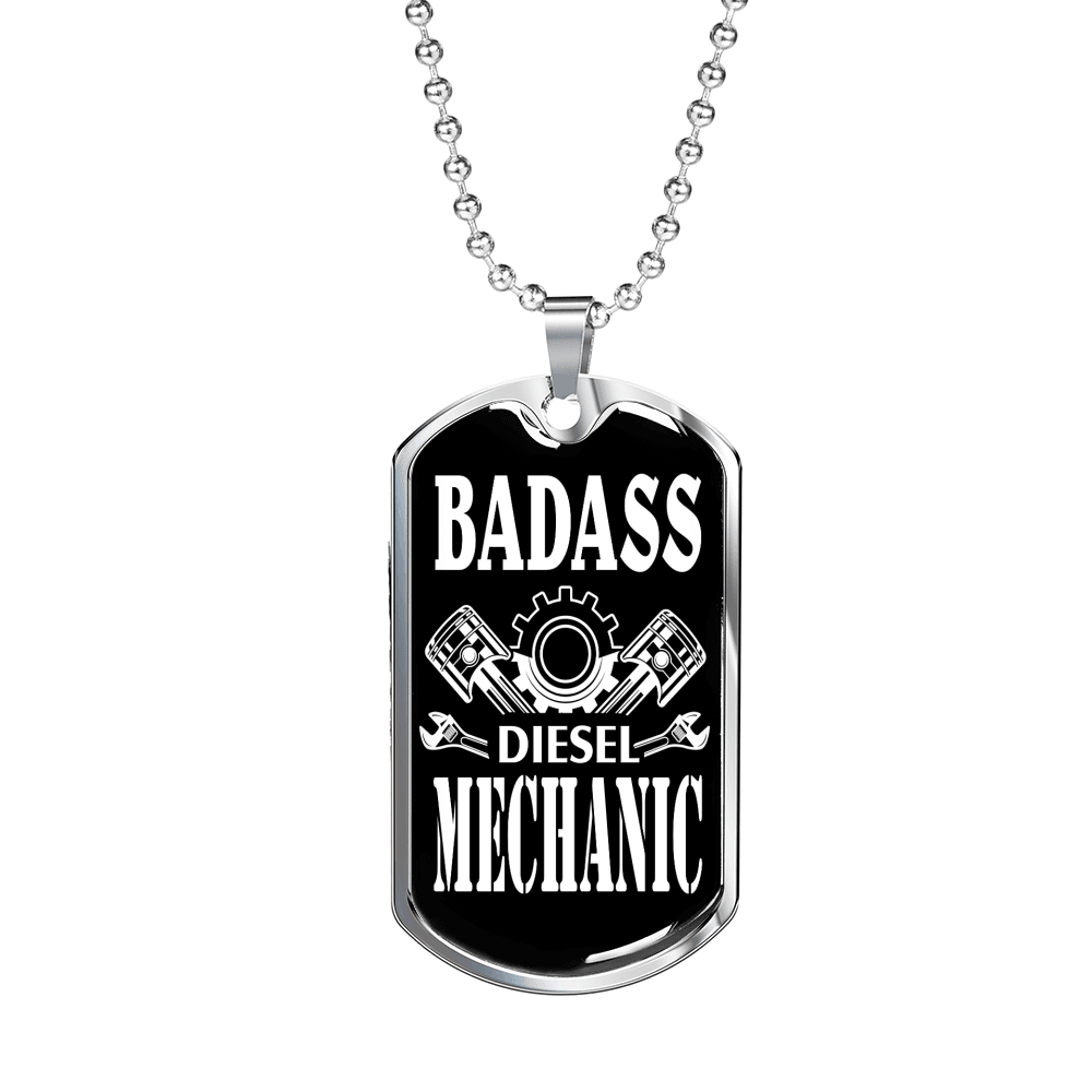 Badass Diesel Mechanic Dog Tag Stainless Steel or 18k Gold 24" Chain-Express Your Love Gifts