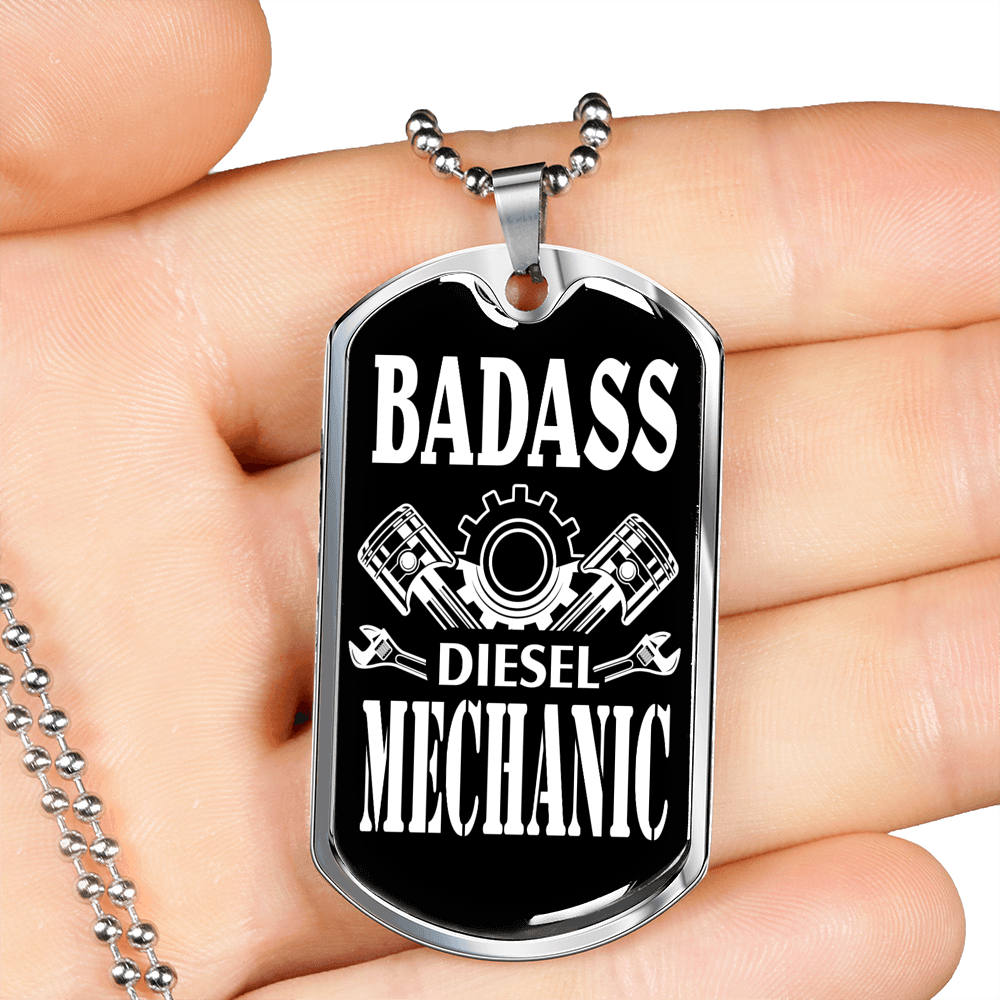 Badass Diesel Mechanic Dog Tag Stainless Steel or 18k Gold 24" Chain-Express Your Love Gifts