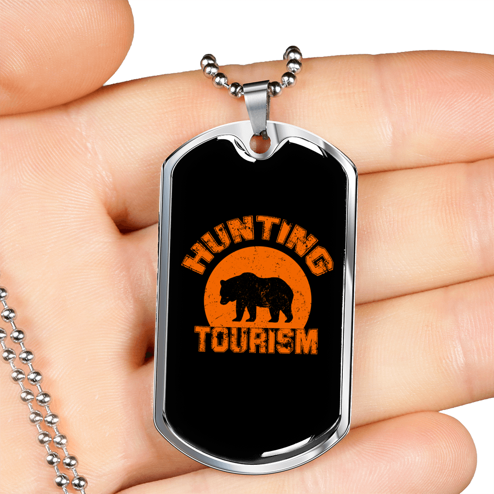 Bear Hunting Tourism Necklace Stainless Steel or 18k Gold Dog Tag 24"-Express Your Love Gifts