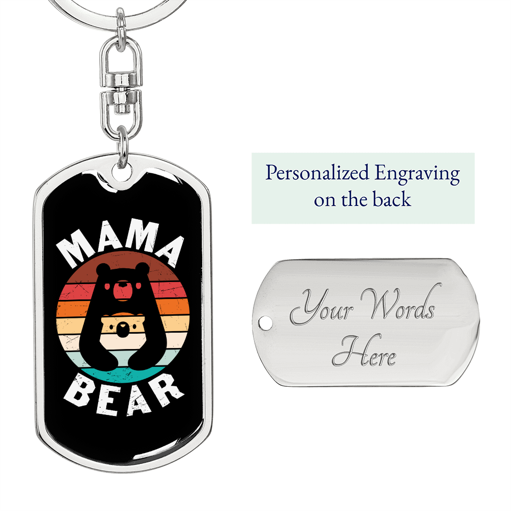 Bear Mama Mom Keychain Stainless Steel or 18k Gold Dog Tag Keyring-Express Your Love Gifts